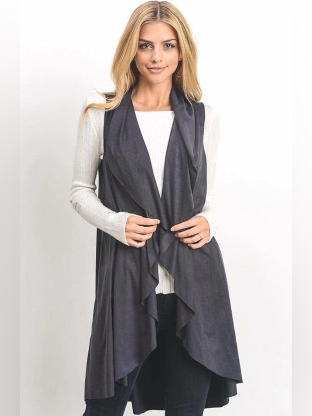 Gilli Charcoal Draped Open-Front Long Vest